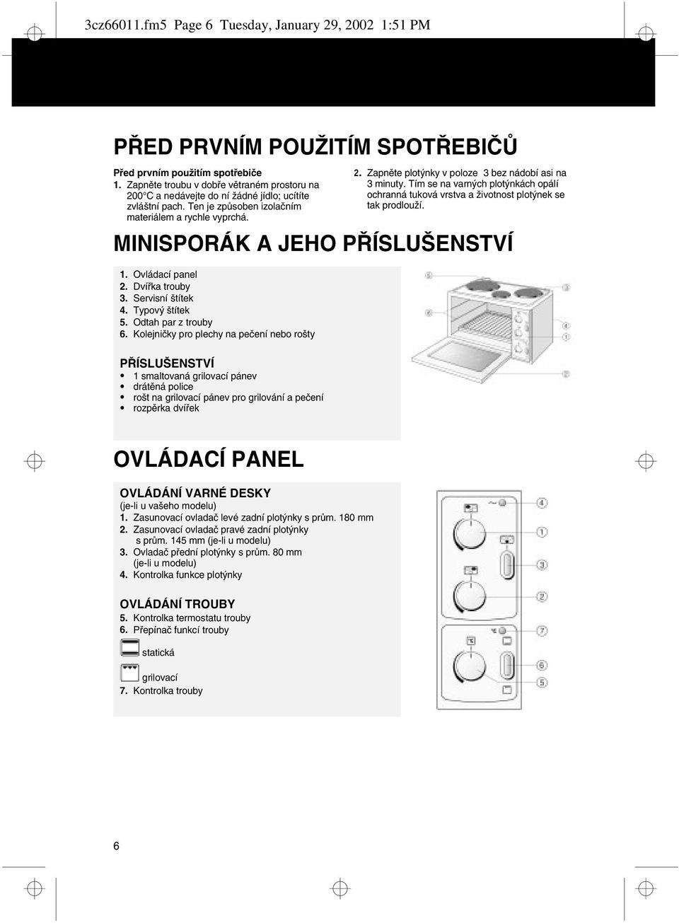 Tím se na varných plotýnkách opálí ochranná tuková vrstva a životnost plotýnek se tak prodlouží. MINISPORÁK A JEHO PØÍSLUŠENSTVÍ 1. Ovládací panel 2. Dvíøka trouby 3. Servisní štítek 4.