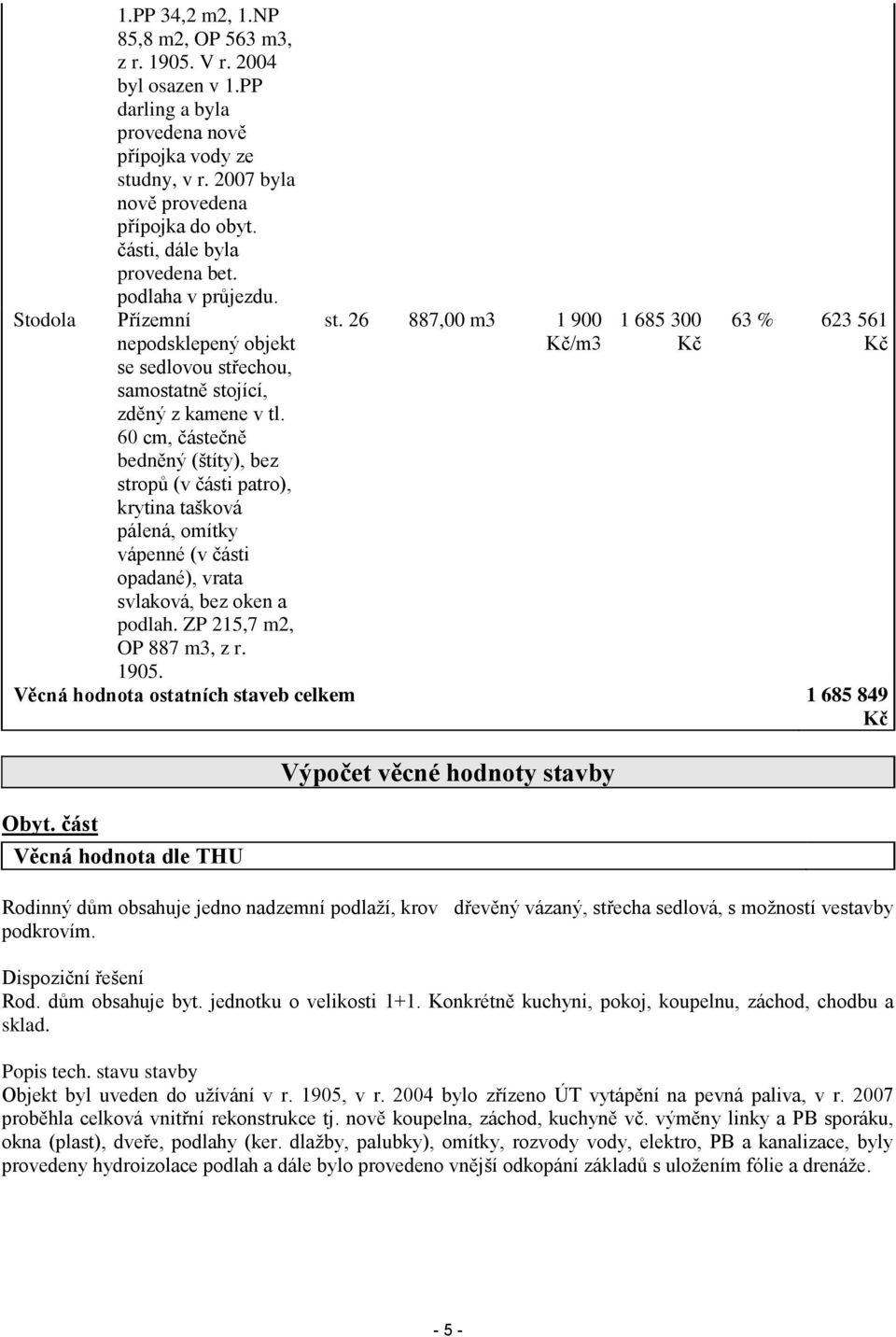 60 cm, částečně bedněný (štíty), bez stropů (v části patro), krytina tašková pálená, omítky vápenné (v části opadané), vrata svlaková, bez oken a podlah. ZP 215,7 m2, OP 887 m3, z r. st. 26 887,00 m3 1 900 Kč/m3 1 685 300 Kč 63 % 623 561 Kč 1905.