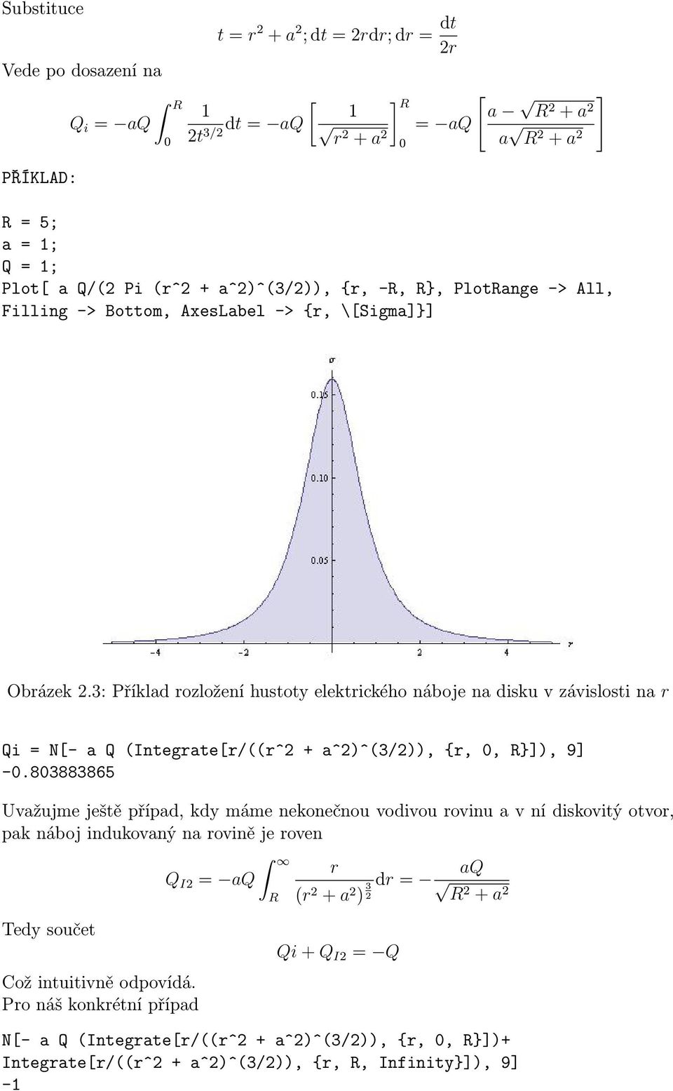 3: Příklad rozložení hustoty elektrického náboje na disku v závislosti na r Qi = N[- a Q (Integrate[r/((r^2 + a^2)^(3/2)), {r, 0, R}]), 9] -0.