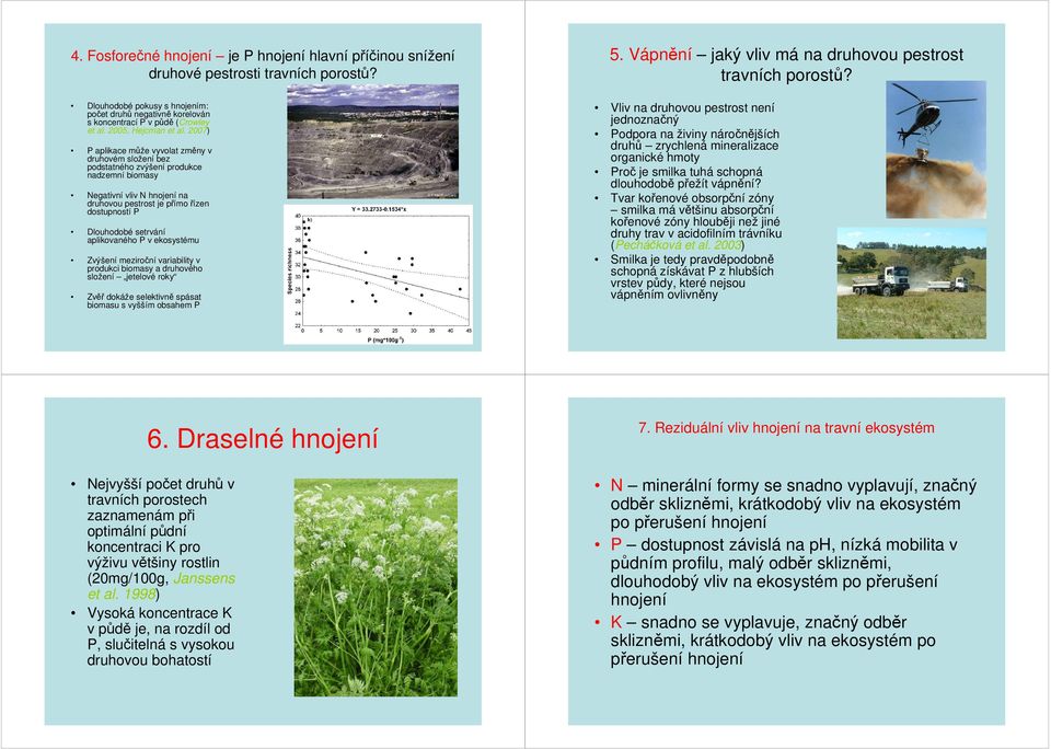 2007) P aplikace může vyvolat změny v druhovém složení bez podstatného zvýšení produkce nadzemní biomasy Negativní vliv N hnojení na druhovou pestrost je přímo řízen dostupností P Dlouhodobé setrvání