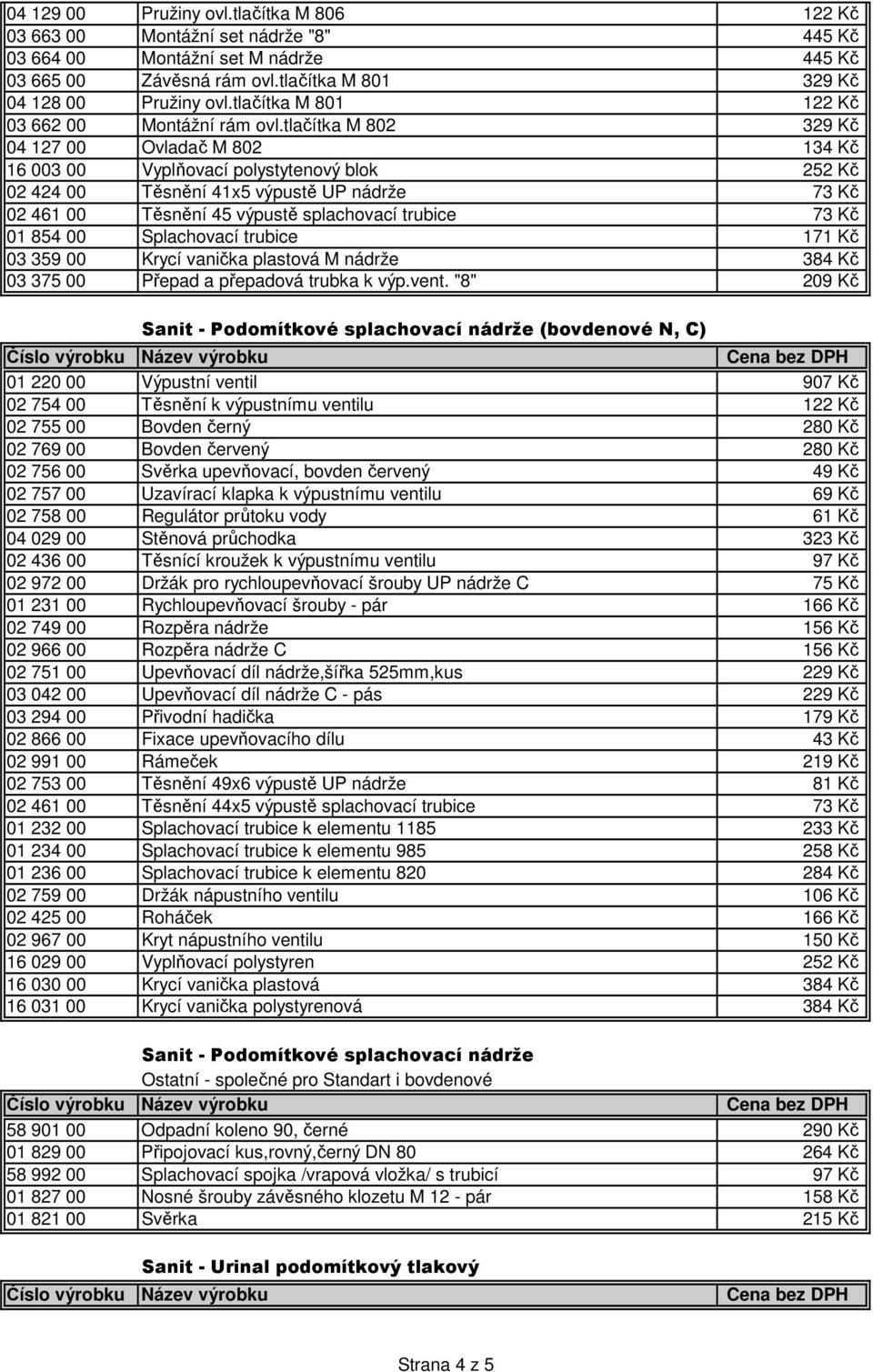 tlačítka M 802 329 Kč 04 127 00 Ovladač M 802 134 Kč 16 003 00 Vyplňovací polystytenový blok 252 Kč 02 424 00 Těsnění 41x5 výpustě UP nádrže 73 Kč 02 461 00 Těsnění 45 výpustě splachovací trubice 73