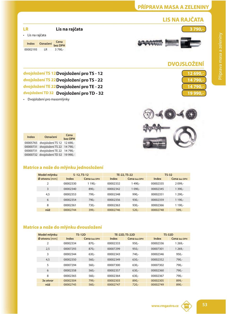 dvojsložení TE 22 14 790,- 00000732 dvojsložení TD 32 19 990,- Matrice a nože do mlýnku jednosložení Model mlýnku S -12, TS-12 TE-22, TS-22 TS-32 Ø otvoru [mm] Index Index Index 2 00002330 1 190,-