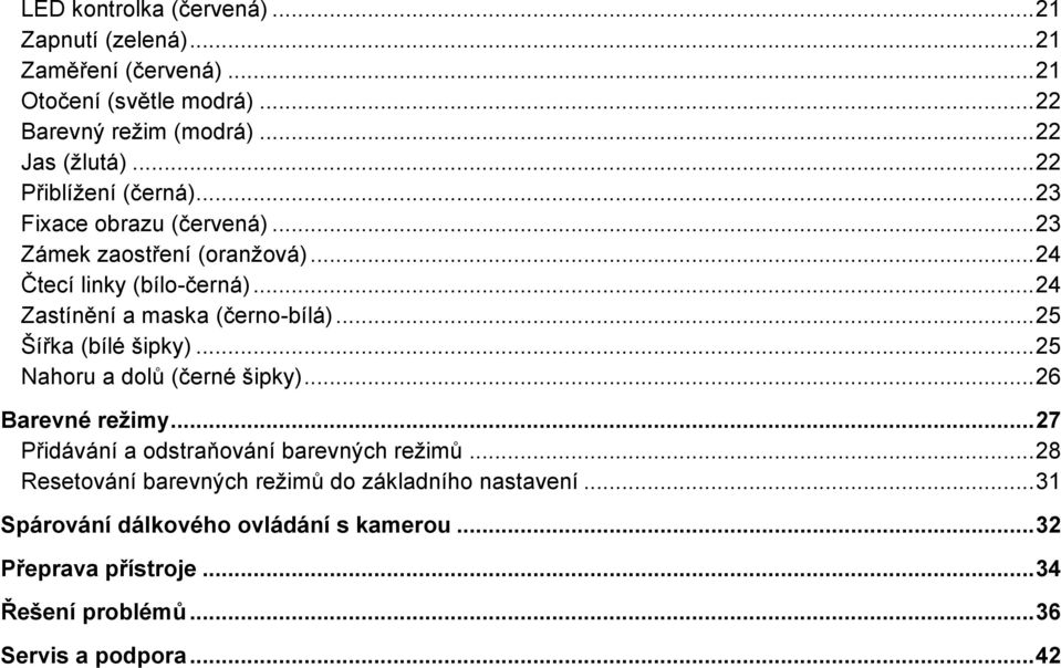 .. 24 Zastínění a maska (černo-bílá)... 25 Šířka (bílé šipky)... 25 Nahoru a dolů (černé šipky)... 26 Barevné režimy.