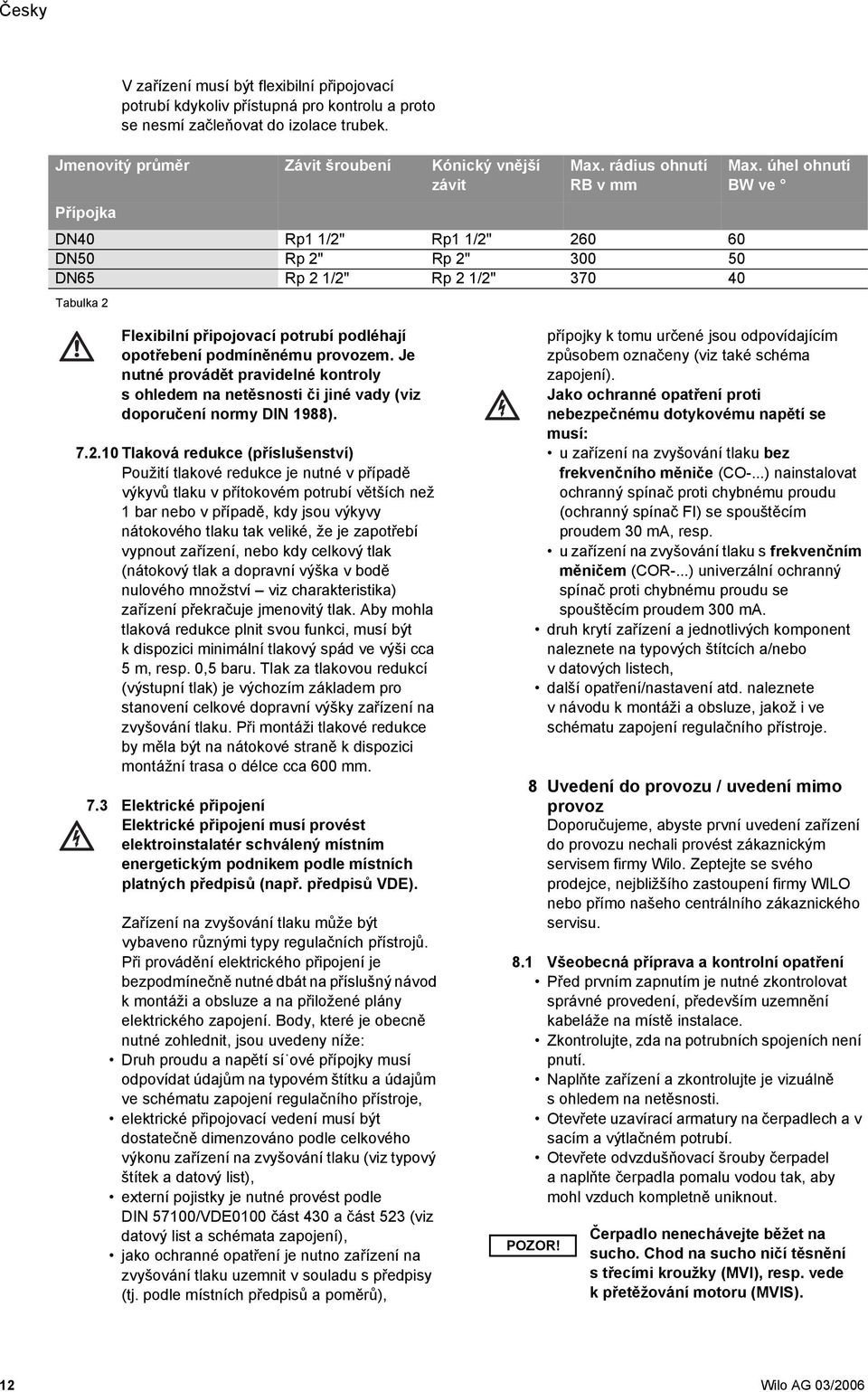 úhel ohnutí BW ve Flexibilní připojovací potrubí podléhají opotřebení podmíněnému provozem. Je nutné provádět pravidelné kontroly s ohledem na netěsnosti či jiné vady (viz doporučení normy DIN 1988).