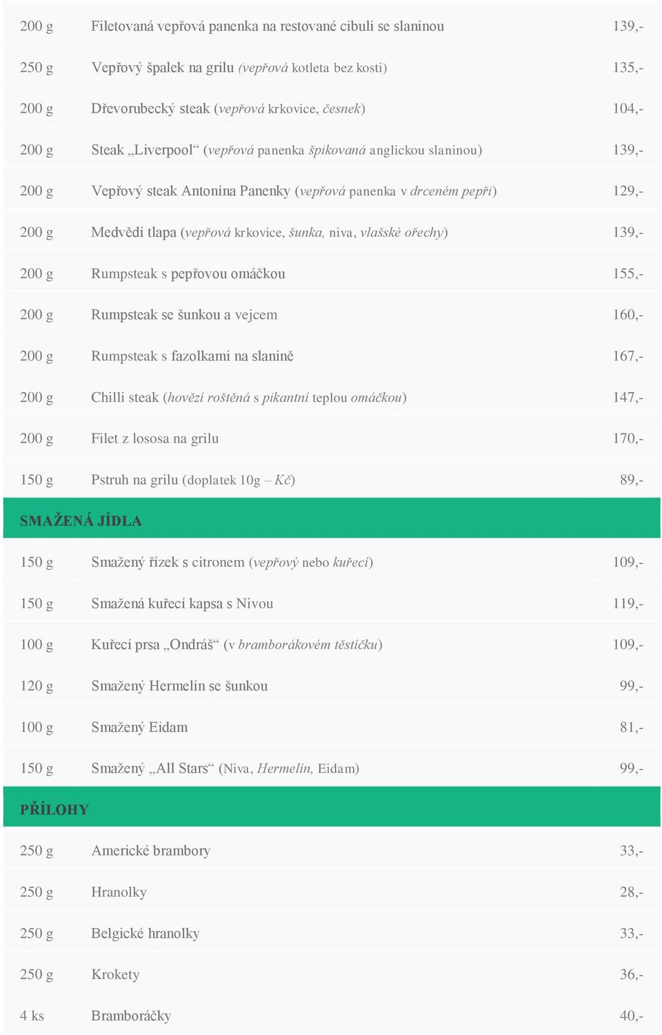 vlašské ořechy) 139,- 200 g Rumpsteak s pepřovou omáčkou 155,- 200 g Rumpsteak se šunkou a vejcem 160,- 200 g Rumpsteak s fazolkami na slanině 167,- 200 g Chilli steak (hovězí roštěná s pikantní