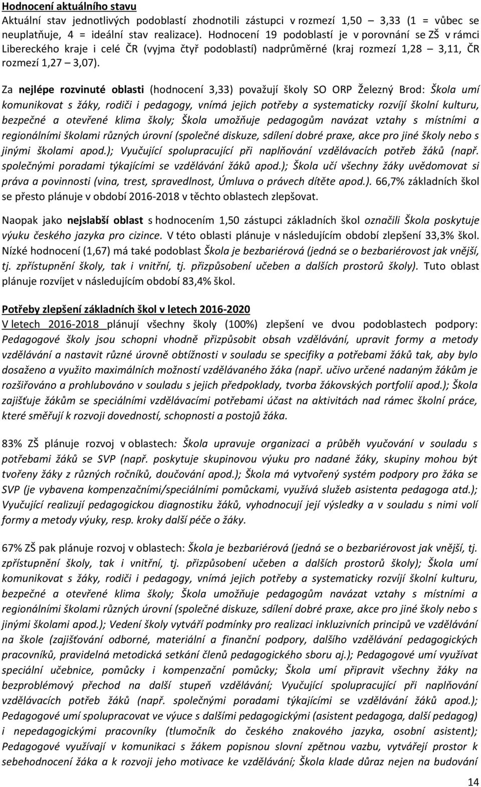 Za nejlépe rozvinuté oblasti (hodnocení 3,33) považují školy SO ORP Železný Brod: Škola umí komunikovat s žáky, rodiči i pedagogy, vnímá jejich potřeby a systematicky rozvíjí školní kulturu, bezpečné