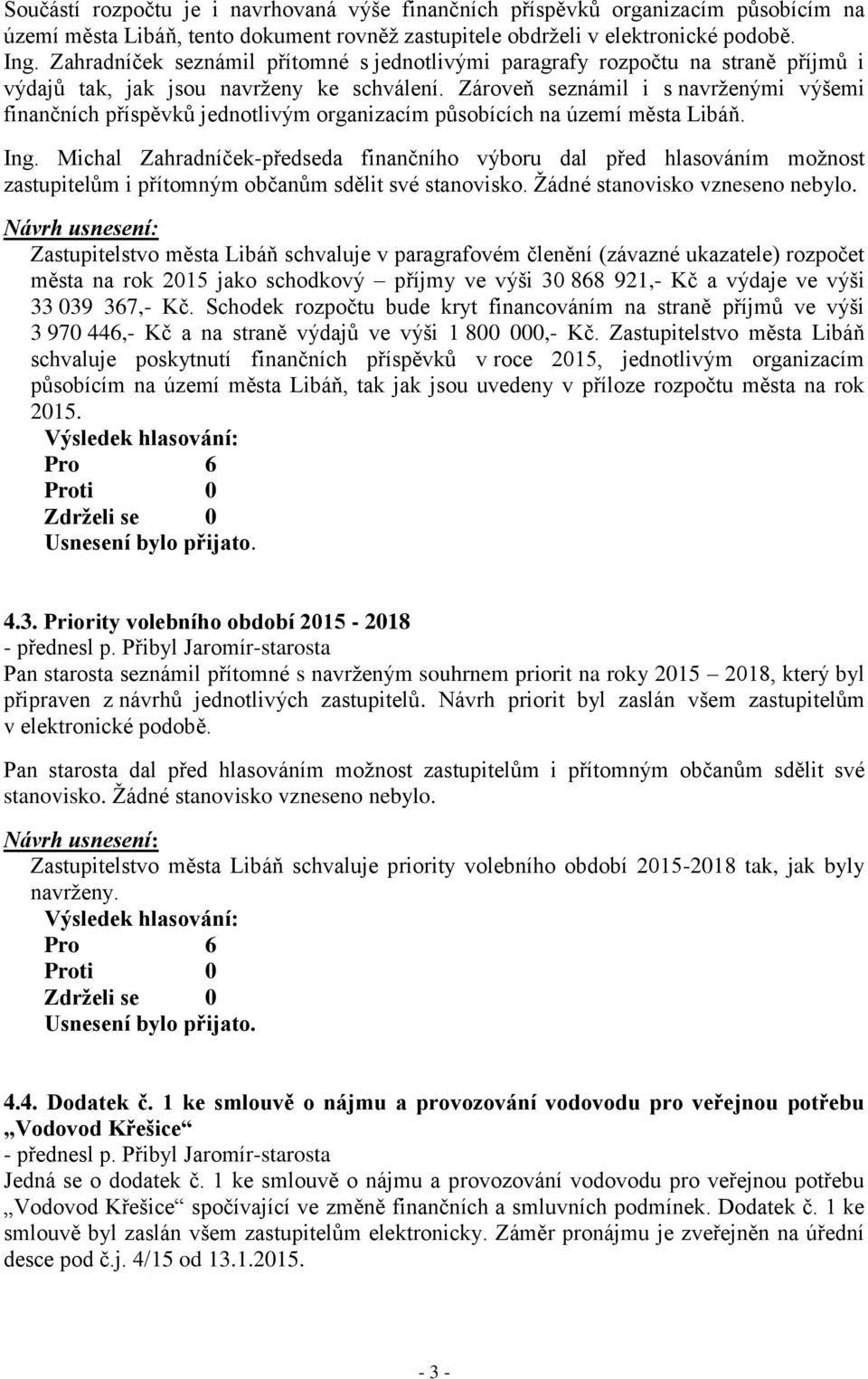 Zároveň seznámil i s navrženými výšemi finančních příspěvků jednotlivým organizacím působících na území města Libáň. Ing.