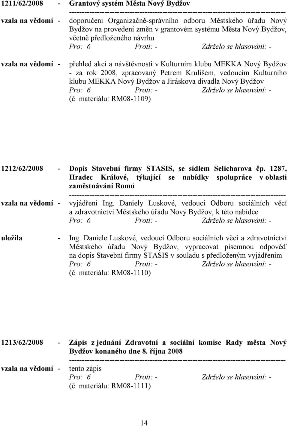 Jiráskova divadla Nový Bydžov (č. materiálu: RM08-1109) 1212/62/2008 - Dopis Stavební firmy STASIS, se sídlem Selicharova čp.