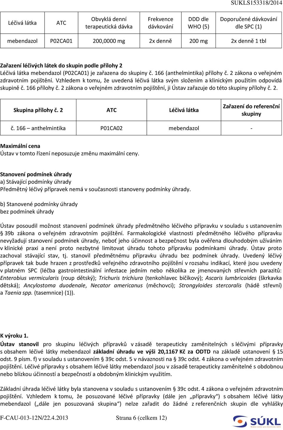 Vzhledem k tomu, že uvedená léčivá látka svým složením a klinickým použitím odpovídá skupině č. 166 přílohy č. 2 zákona o veřejném zdravotním pojištění, ji Ústav zařazuje do této skupiny přílohy č. 2. Skupina přílohy č.