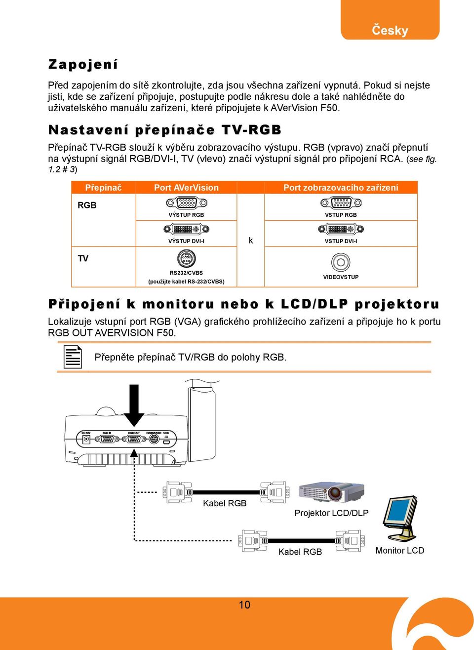 Nastavení přepínače TV-RGB Přepínač TV-RGB slouží k výběru zobrazovacího výstupu. RGB (vpravo) značí přepnutí na výstupní signál RGB/DVI-I, TV (vlevo) značí výstupní signál pro připojení RCA.