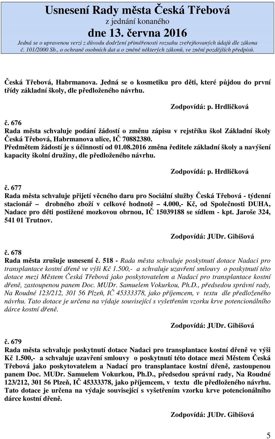 2380. Předmětem žádostí je s účinností od 01.08.2016 změna ředitele základní školy a navýšení kapacity školní družiny, dle předloženého návrhu. Zodpovídá: p. Hrdličková č.