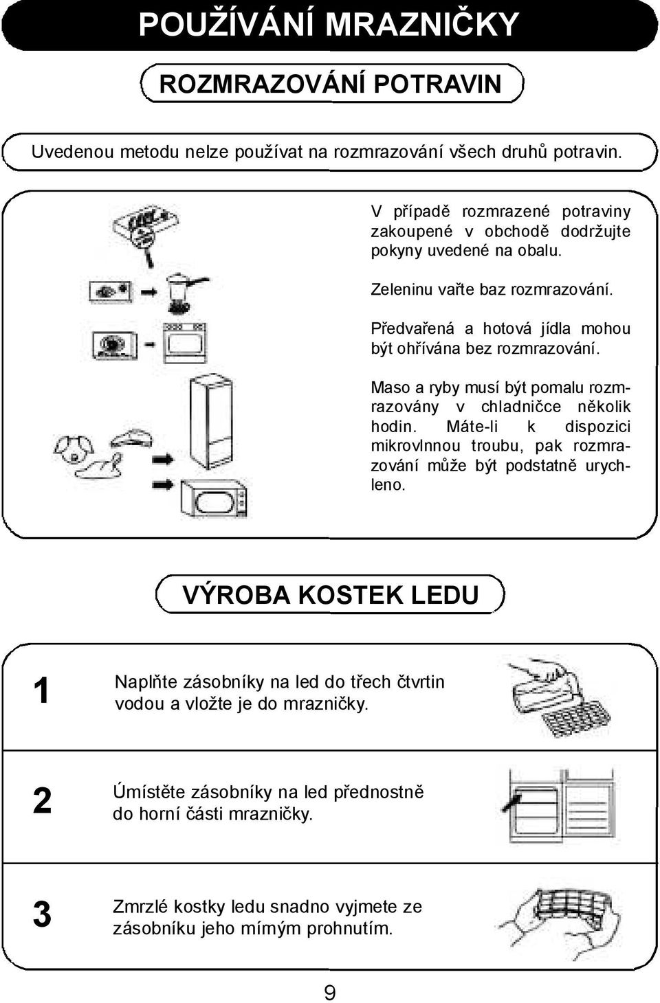 Předvařená a hotová jídla mohou být ohřívána bez rozmrazování. Maso a ryby musí být pomalu rozmrazovány v chladničce několik hodin.