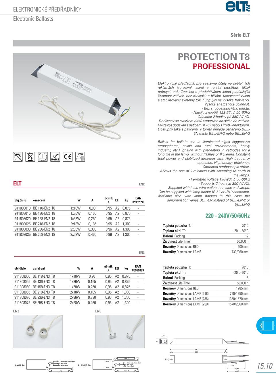 - Bez stroboskopického efektu. - Napájecí napětí: 198-264V, 50-60Hz - Odolnost 2 hodiny při 350V (A/C). Dodávaný se svazkem drátů vedených do sítě a do zářivek.