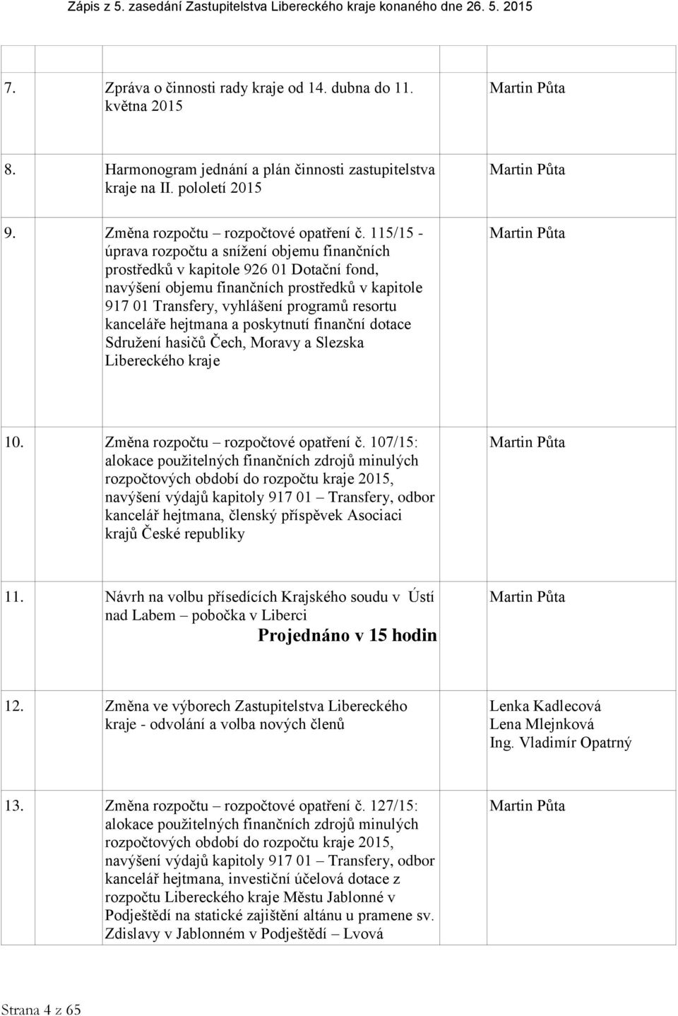 115/15 - úprava rozpočtu a snížení objemu finančních prostředků v kapitole 926 01 Dotační fond, navýšení objemu finančních prostředků v kapitole 917 01 Transfery, vyhlášení programů resortu kanceláře