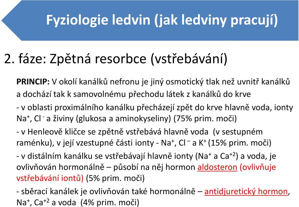 proximálního kanálku přecházejí zpět do krve hlavně voda, ionty Na +, Cl - a živiny (glukosa a aminokyseliny) (75% prim.