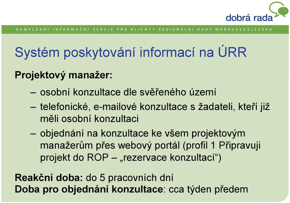konzultace ke všem projektovým manažerům přes webový portál (profil 1 Připravuji projekt do ROP
