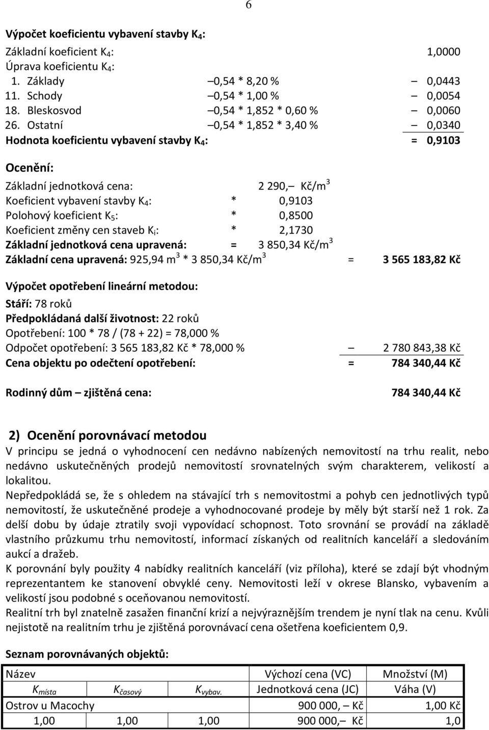 Ostatní 0,54* 1,852 * 3,40 % 0,0340 Hodnota koeficientu vybavení stavby K 4 : = 0,9103 Ocenění: Základní jednotková cena: 2290, Kč/m 3 Koeficient vybavení stavby K 4 : * 0,9103 Polohový koeficient K