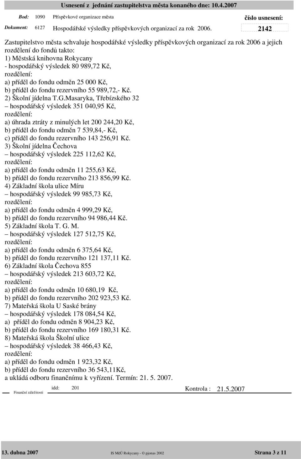 příděl do fondu odměn 25 000 Kč, b) příděl do fondu rezervního 55 989,72,- Kč. 2) Školní jídelna T.G.