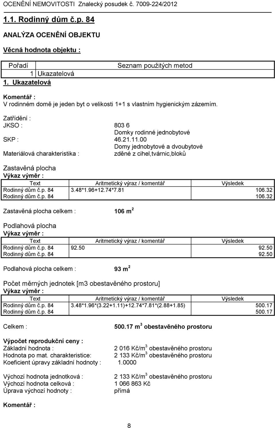 00 Domy jednobytové a dvoubytové Materiálová charakteristika : zděné z cihel,tvárnic,bloků Zastavěná plocha Výkaz výměr : Text Aritmetický výraz / komentář Výsledek Rodinný dům č.p. 84 3.48*1.96+12.