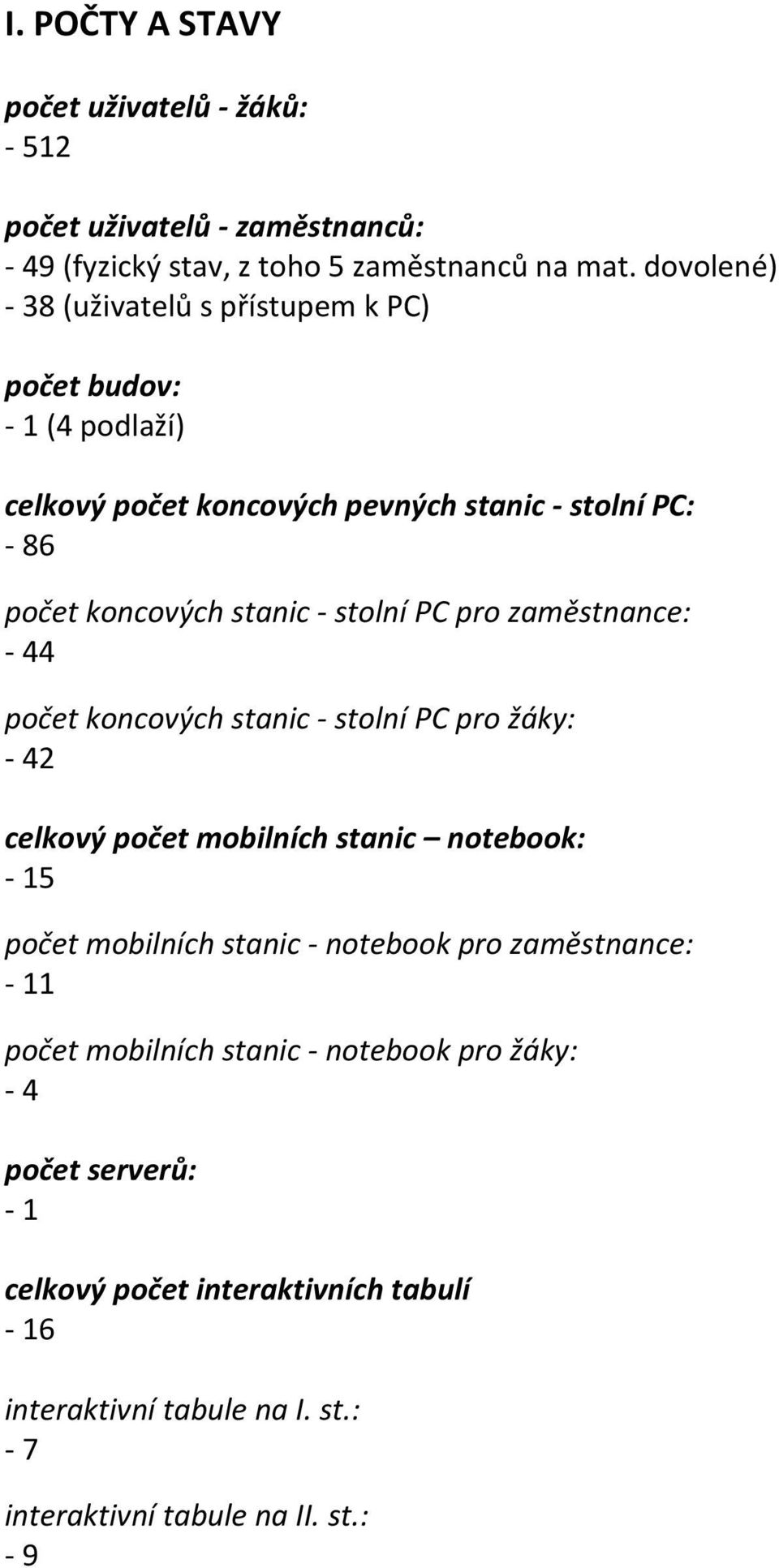 stolní PC pro zaměstnance: - 44 počet koncových stanic - stolní PC pro žáky: - 42 celkový počet mobilních stanic notebook: - 15 počet mobilních stanic -