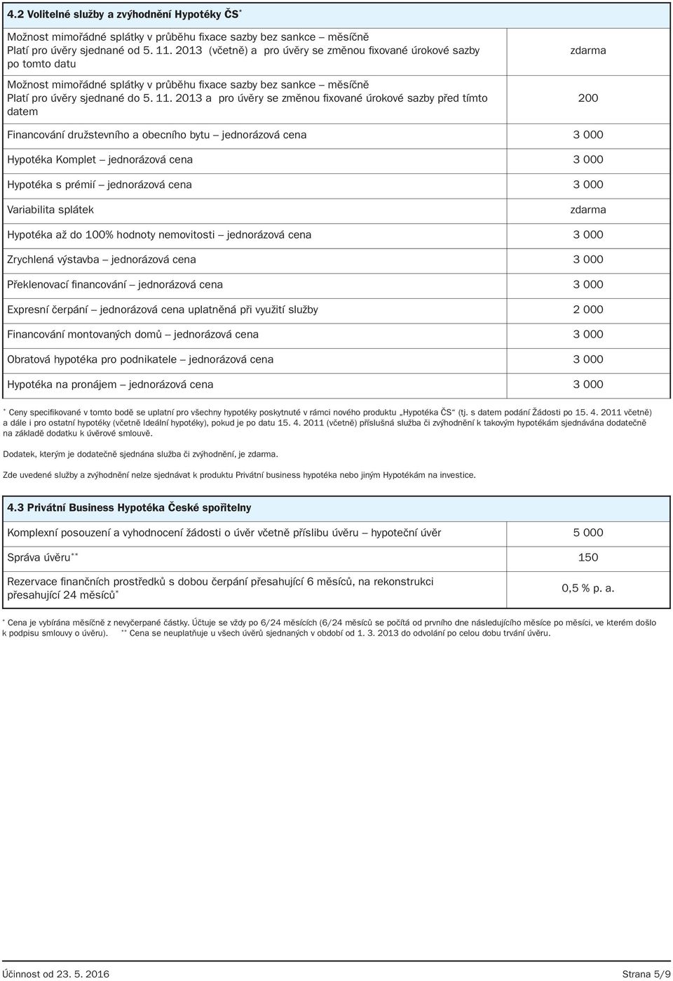 2013 a pro úvěry se změnou fixované úrokové sazby před tímto datem 200 Financování družstevního a obecního bytu jednorázová cena 3 000 Hypotéka Komplet jednorázová cena 3 000 Hypotéka s prémií