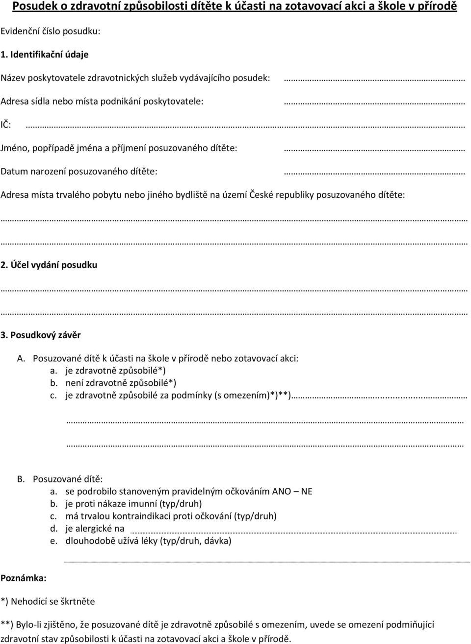 narození posuzovaného dítěte: Adresa místa trvalého pobytu nebo jiného bydliště na území České republiky posuzovaného dítěte: 2. Účel vydání posudku 3. Posudkový závěr A.
