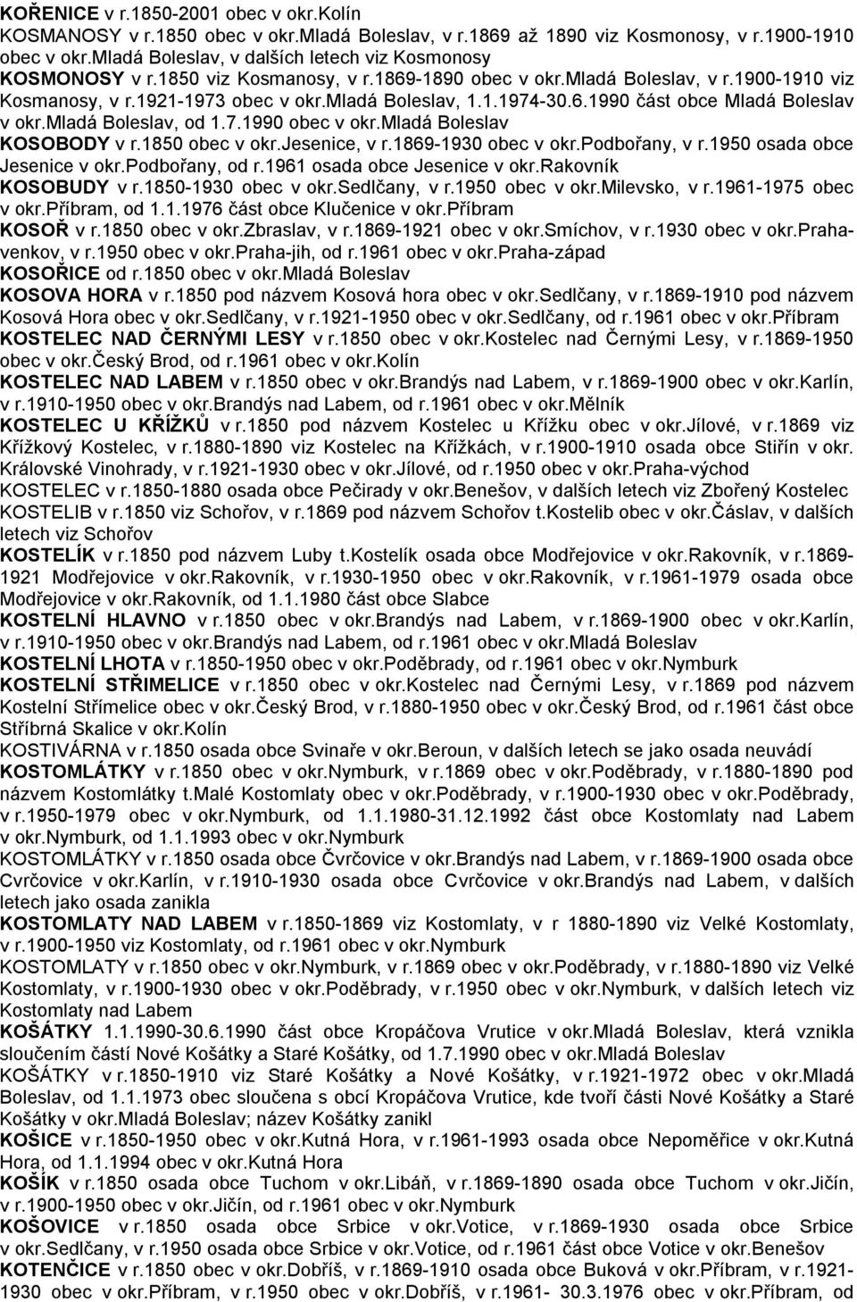 6.1990 část obce Mladá Boleslav v okr.mladá Boleslav, od 1.7.1990 obec v okr.mladá Boleslav KOSOBODY v r.1850 obec v okr.jesenice, v r.1869-1930 obec v okr.podbořany, v r.