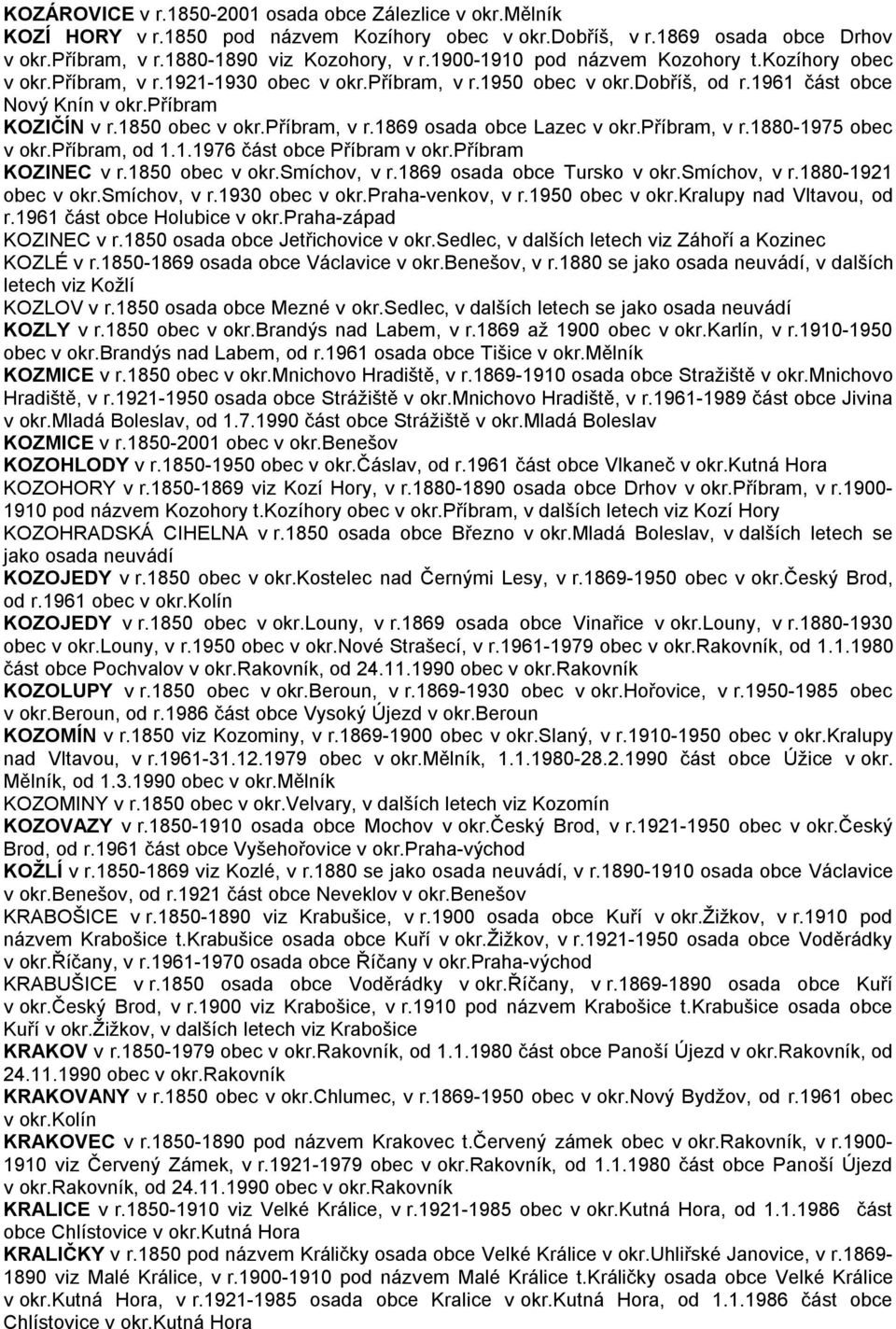 příbram, v r.1869 osada obce Lazec v okr.příbram, v r.1880-1975 obec v okr.příbram, od 1.1.1976 část obce Příbram v okr.příbram KOZINEC v r.1850 obec v okr.smíchov, v r.1869 osada obce Tursko v okr.