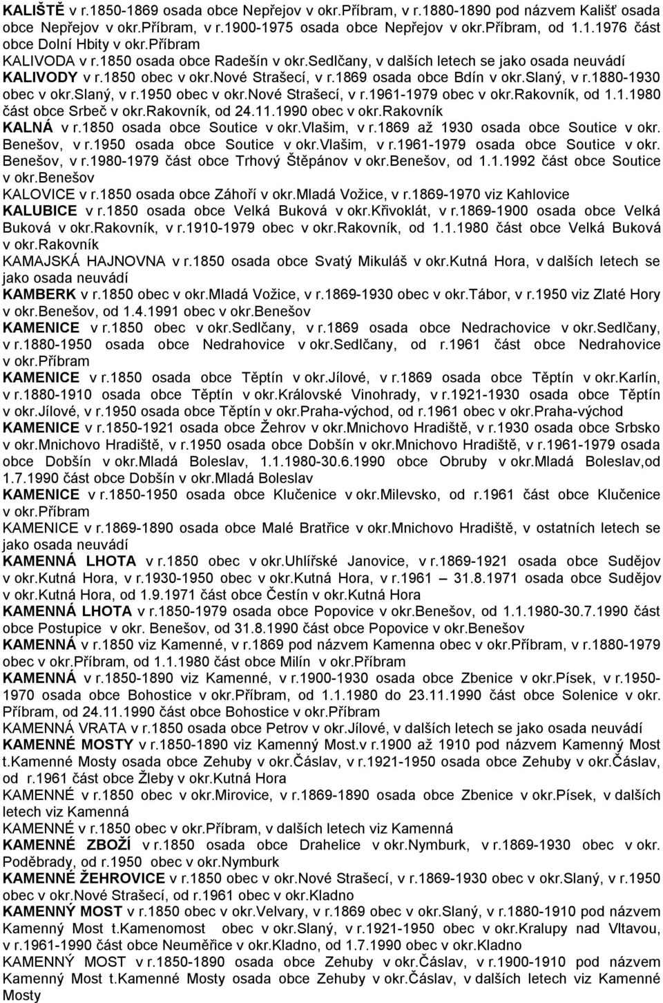 slaný, v r.1950 obec v okr.nové Strašecí, v r.1961-1979 obec v okr.rakovník, od 1.1.1980 část obce Srbeč v okr.rakovník, od 24.11.1990 obec v okr.rakovník KALNÁ v r.1850 osada obce Soutice v okr.