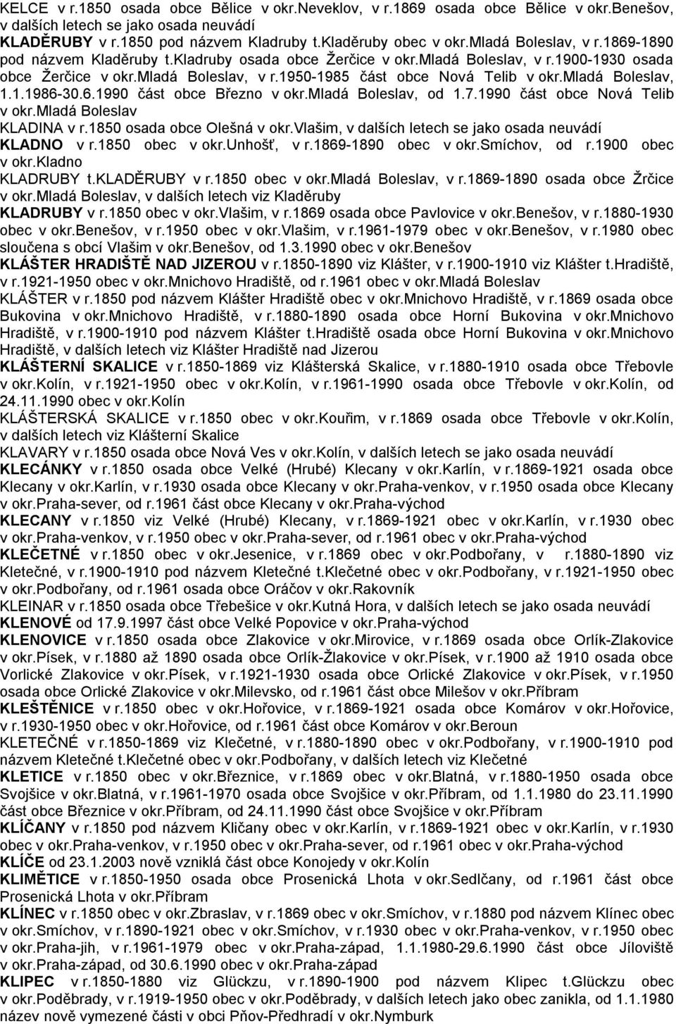 mladá Boleslav, 1.1.1986-30.6.1990 část obce Březno v okr.mladá Boleslav, od 1.7.1990 část obce Nová Telib v okr.mladá Boleslav KLADINA v r.1850 osada obce Olešná v okr.