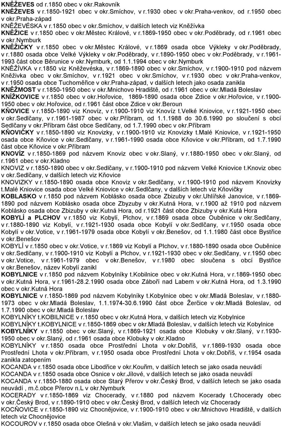 1880 osada obce Velké Výkleky v okr.poděbrady, v r.1890-1950 obec v okr.poděbrady, v r.1961-1993 část obce Běrunice v okr.nymburk, od 1.1.1994 obec v okr.nymburk KNĚŽÍVKA v r.1850 viz Kněževéska, v r.