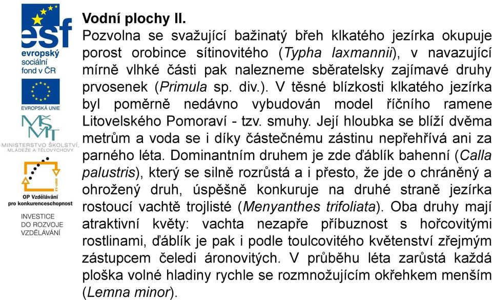 sp. div.). V těsné blízkosti klkatého jezírka byl poměrně nedávno vybudován model říčního ramene Litovelského Pomoraví - tzv. smuhy.