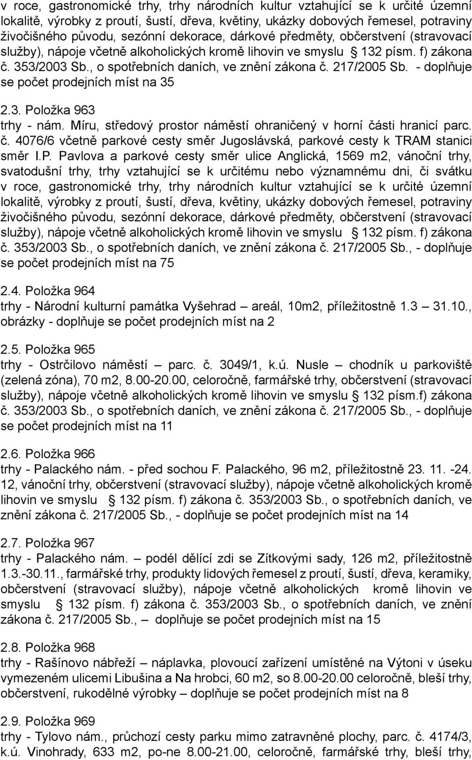 217/2005 Sb. - doplňuje se počet prodejních míst na 35 2.3. Položka 963 trhy - nám. Míru, středový prostor náměstí ohraničený v horní čá