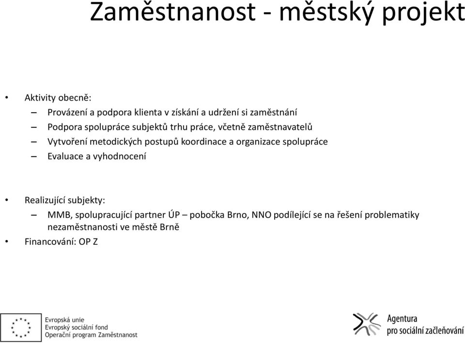 koordinace a organizace spolupráce Evaluace a vyhodnocení Realizující subjekty: MMB, spolupracující