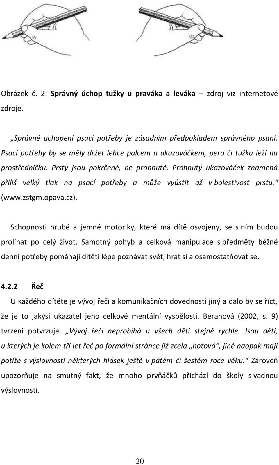 Prohnutý ukazováček znamená příliš velký tlak na psací potřeby a může vyústit až v bolestivost prstu. (www.zstgm.opava.cz).