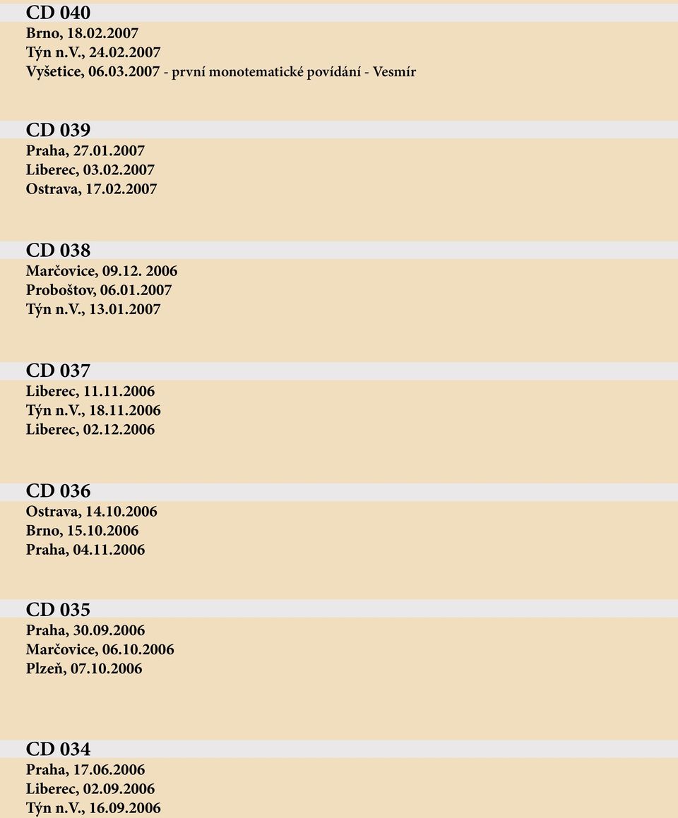 11.2006 Ty n n.v., 18.11.2006 Liberec, 02.12.2006 CD 036 Ostrava, 14.10.2006 Brno, 15.10.2006 Praha, 04.11.2006 CD 035 Praha, 30.