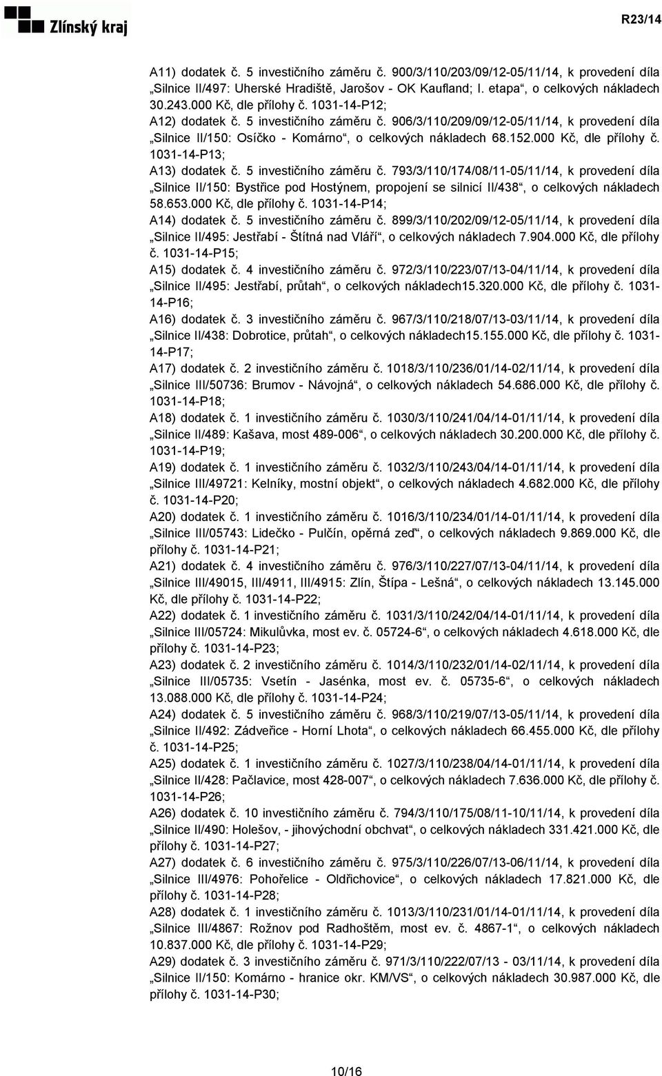 000 Kč, dle přílohy č. 1031-14-P13; A13) dodatek č. 5 investičního záměru č.