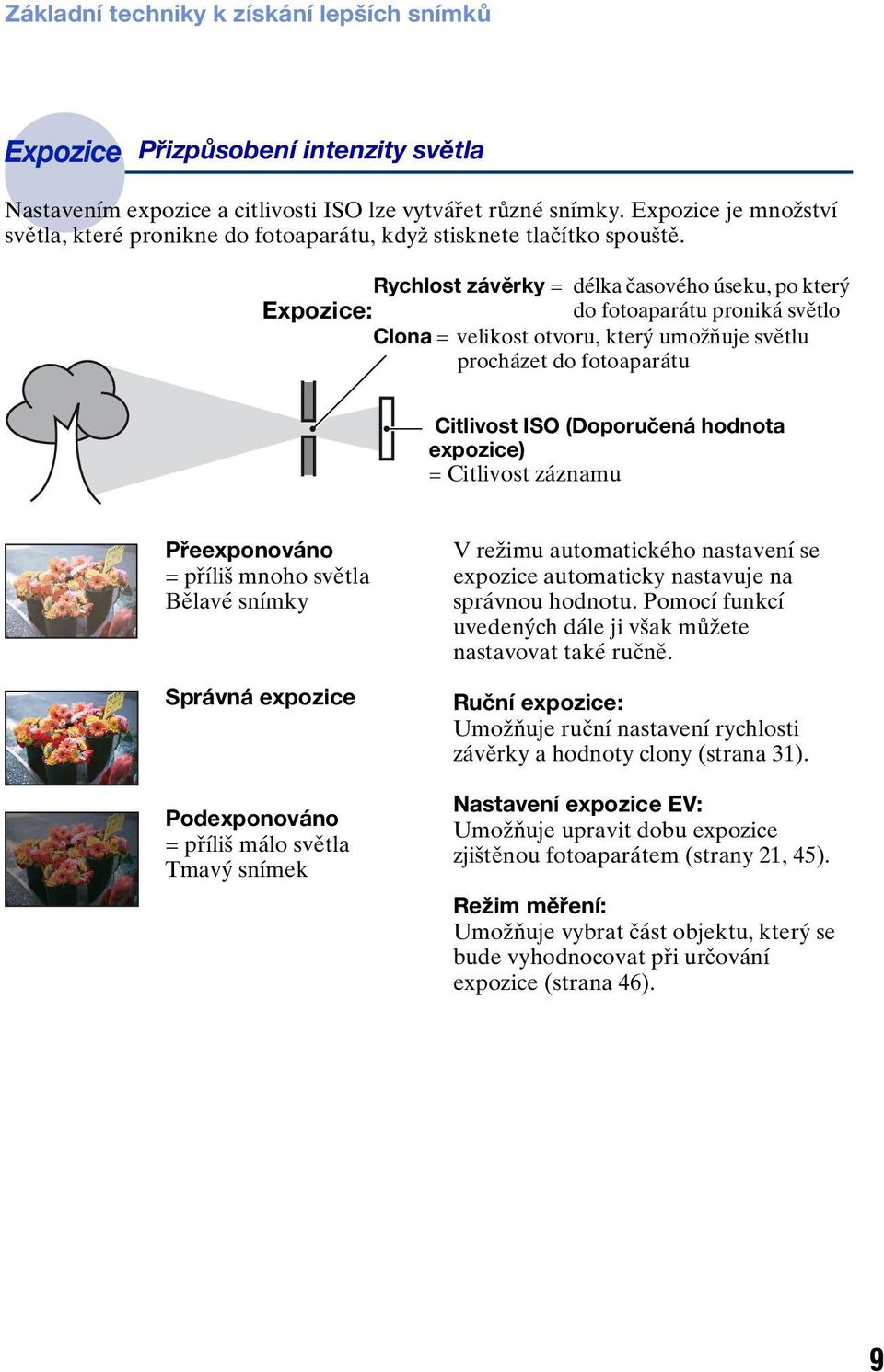 Rychlost závěrky = délka časového úseku, po který Expozice: do fotoaparátu proniká světlo Clona = velikost otvoru, který umožňuje světlu procházet do fotoaparátu Citlivost ISO (Doporučená hodnota