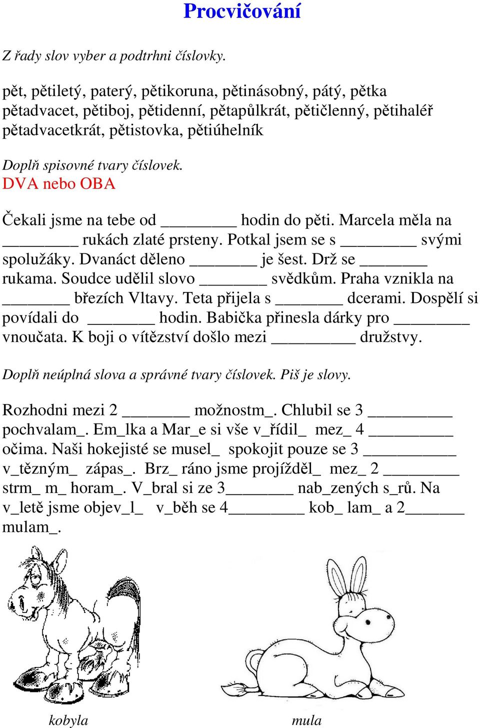 tvary číslovek. DVA nebo OBA Čekali jsme na tebe od hodin do pěti. Marcela měla na rukách zlaté prsteny. Potkal jsem se s svými spolužáky. Dvanáct děleno je šest. Drž se rukama.