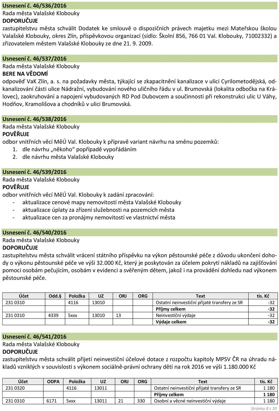 Klobouky, 71002332) a zřizovatelem městem Valašské Klobouky ze dne 21. 9. 2009.  46/537/2016 odpověď VaK Zlín, a. s.