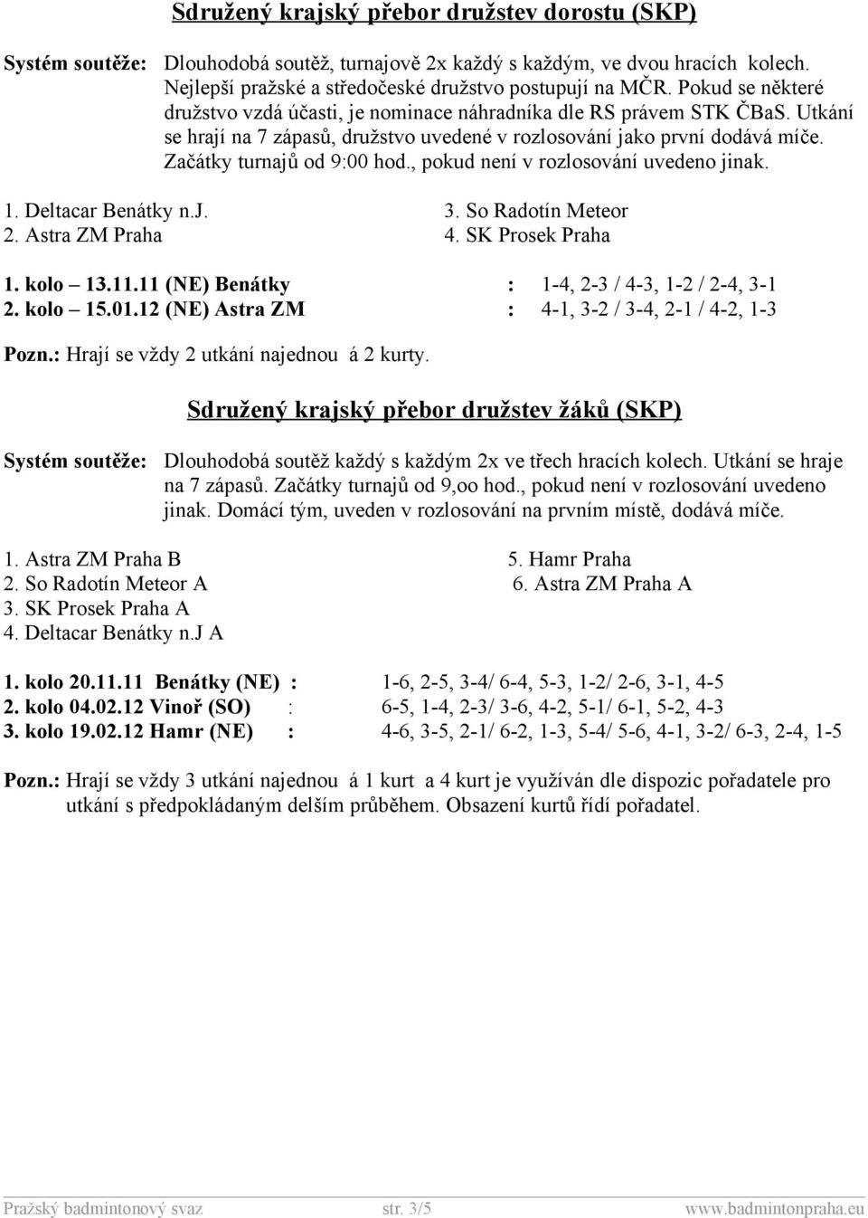 , pokud není v rozlosování uvedeno jinak. 1. Deltacar Benátky n.j. 3. So Radotín Meteor 2. Astra ZM Praha 4. SK Prosek Praha 1. kolo 13.11.11 (NE) Benátky : 1-4, 2-3 / 4-3, 1-2 / 2-4, 3-1 2. kolo 15.