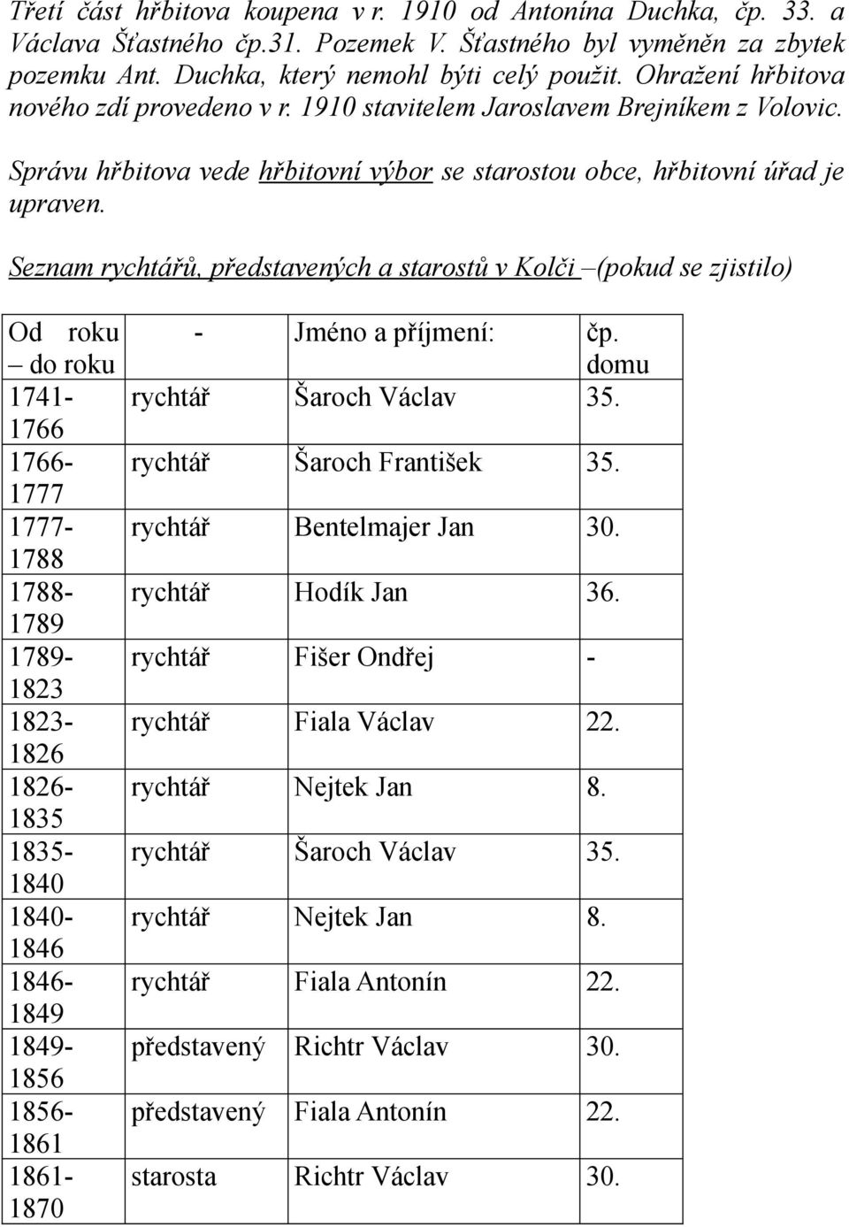 Seznam rychtářů, představených a starostů v Kolči (pokud se zjistilo) Od roku do roku 1741-1766 1766-1777 1777-1788 1788-1789 1789-1823 1823-1826 1826-1835 1835-1840 1840-1846 1846-1849 1849-1856