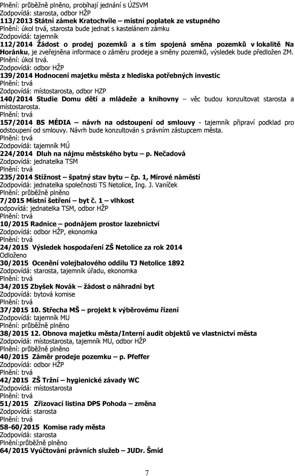 139/2014 Hodnocení majetku města z hlediska potřebných investic Zodpovídá: místostarosta, odbor HZP 140/2014 Studie Domu dětí a mládeže a knihovny věc budou konzultovat starosta a místostarosta.