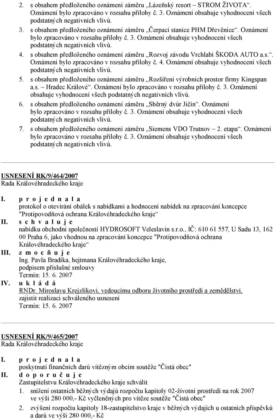 4. Oznámení obsahuje vyhodnocení všech podstatných negativních vlivů. 5. s obsahem předloženého oznámení záměru Rozšíření výrobních prostor firmy Kingspan a.s. Hradec Králové.