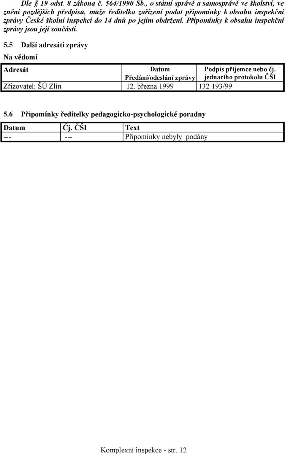 školní inspekci do 14 dnů po jejím obdržení. Připomínky k obsahu inspekční zprávy jsou její součástí. 5.