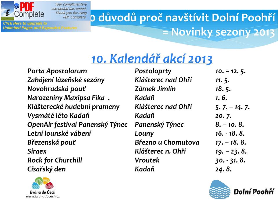 Klášterecké hudební prameny Klášterec nad Ohří 5. 7. 14. 7. Vysmáté léto Kadaň Kadaň 20. 7. OpenAir festival Panenský Týnec Panenský Týnec 8. 10.