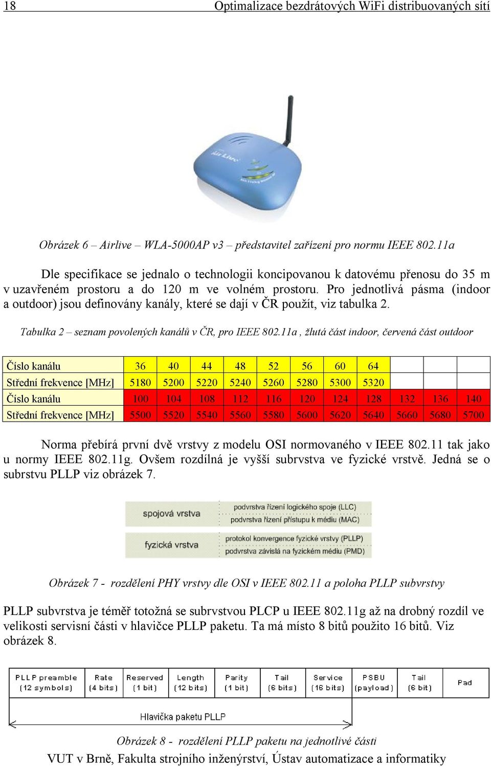 Pro jednotlivá pásma (indoor a outdoor) jsou definovány kanály, které se dají v ČR použít, viz tabulka 2. Tabulka 2 seznam povolených kanálů v ČR, pro IEEE 802.