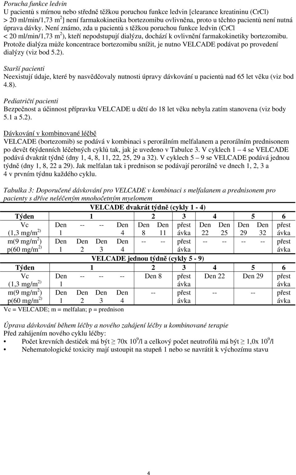 Protože dialýza může koncentrace bortezomibu snížit, je nutno VELCADE podávat po provedení dialýzy (viz bod 5.2).