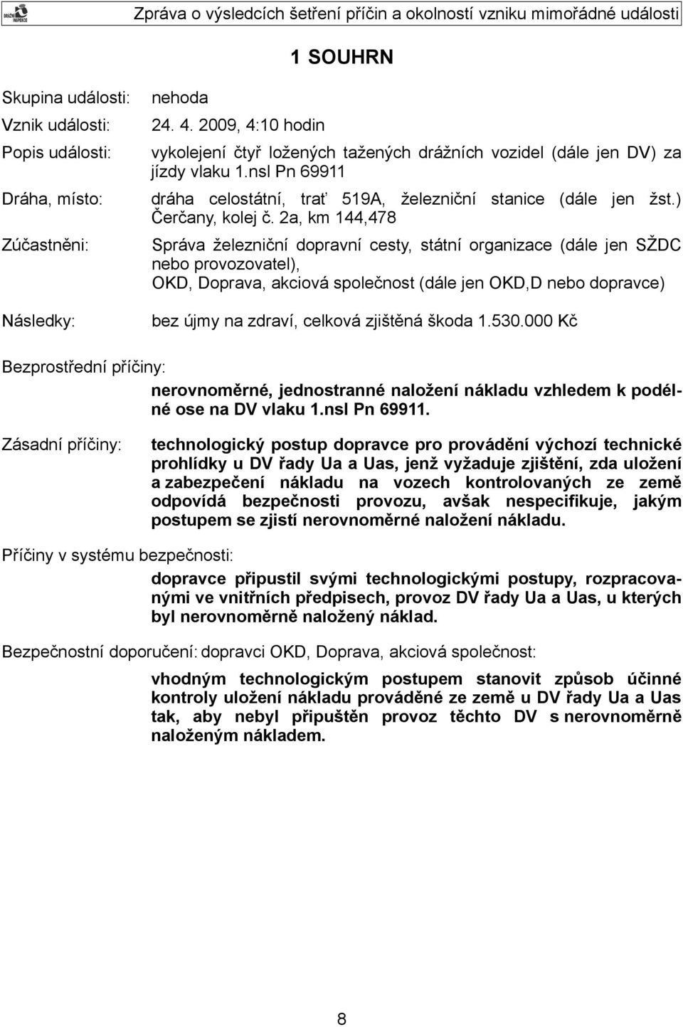 2a, km 144,478 Zúčastněni: Správa železniční dopravní cesty, státní organizace (dále jen SŽDC nebo provozovatel), OKD, Doprava, akciová společnost (dále jen OKD,D nebo dopravce) Následky: bez újmy na