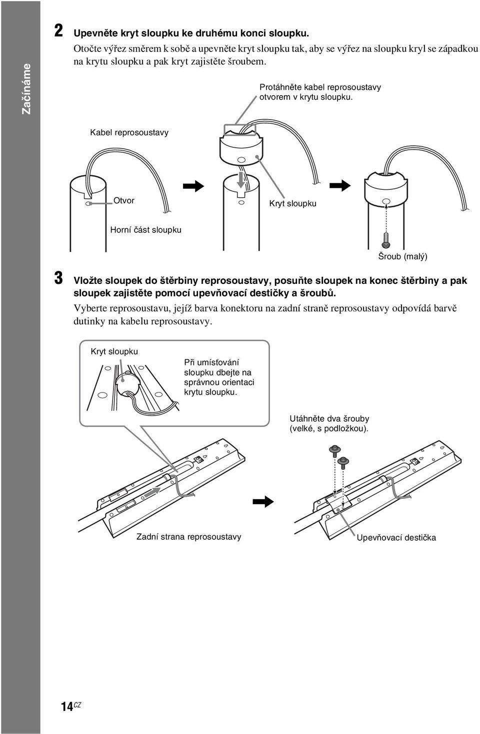 Protáhněte kabel reprosoustavy otvorem v krytu sloupku.